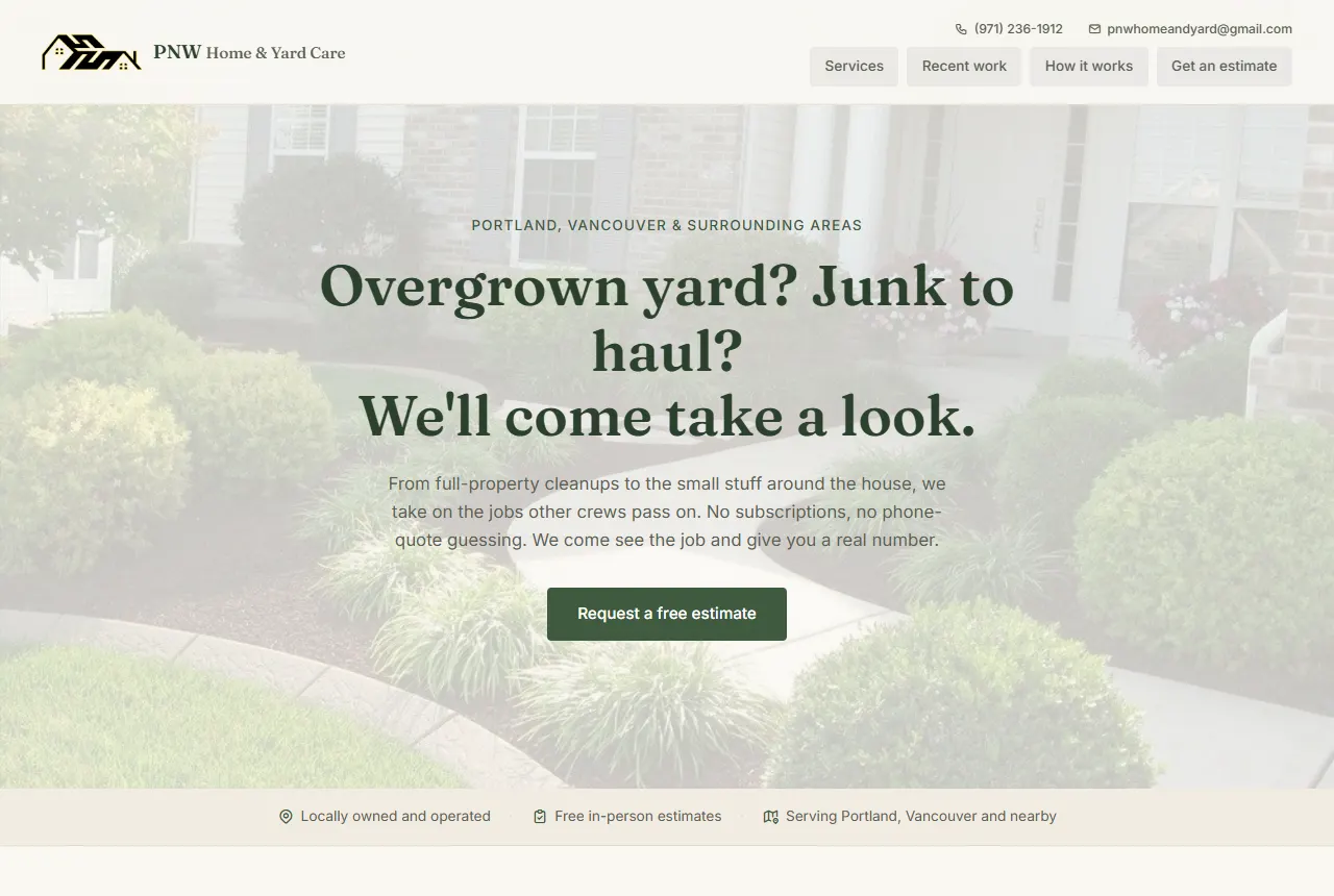 PNW Home & Yard Care website screenshot